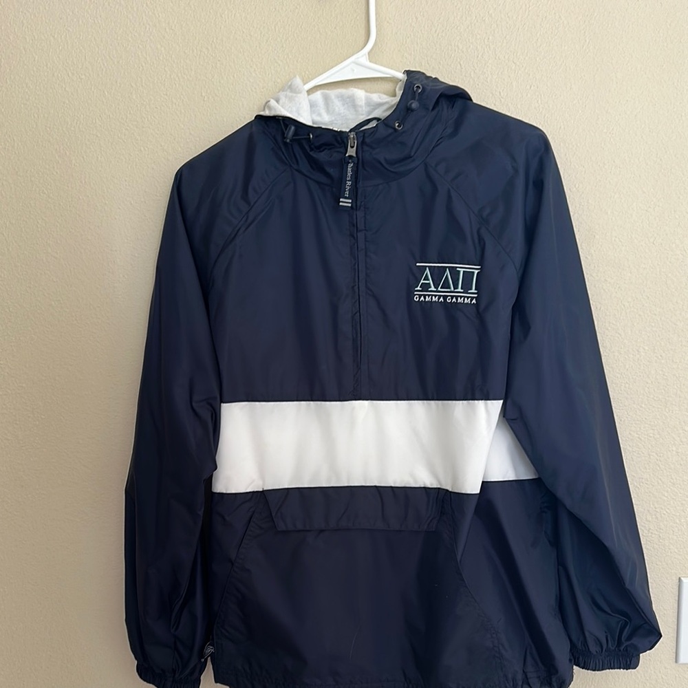 Charles River Apparel Navy and White Lined Rain Jacket with ADPi Sorority Logo